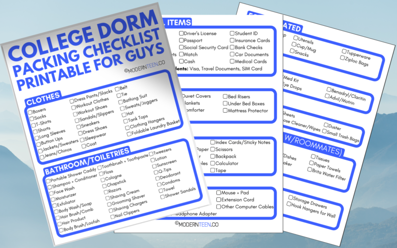 College Packing List for Guys Printable