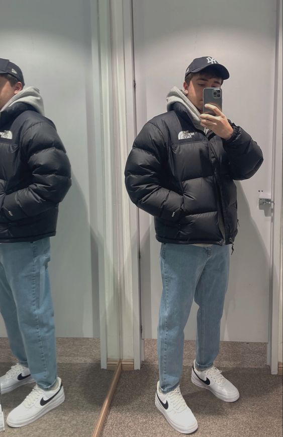 puffer jacket outfit for college guys