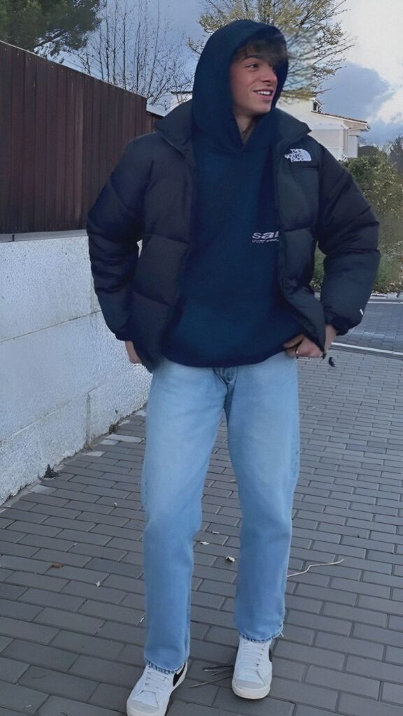 black puffer jacket college guy