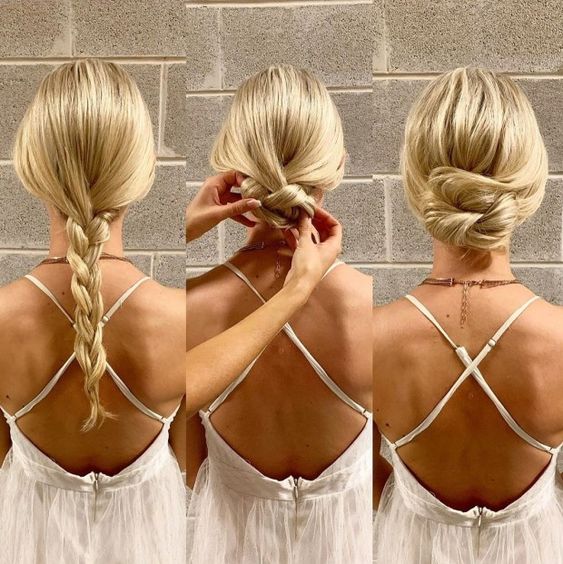 braided low bun long hairstyle for graduation