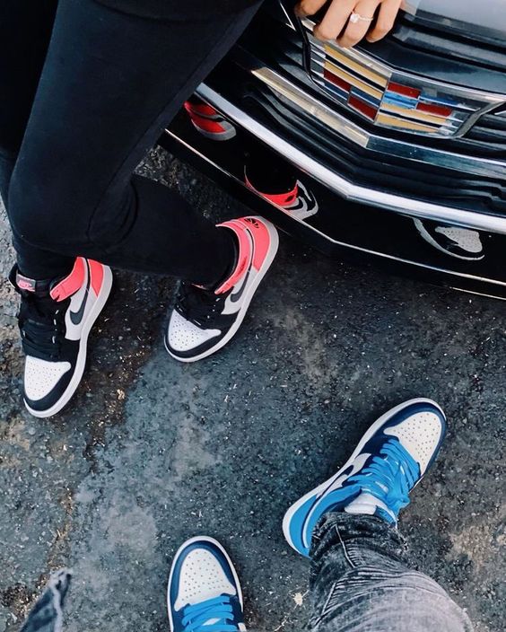 blue and pink shoes for partners
