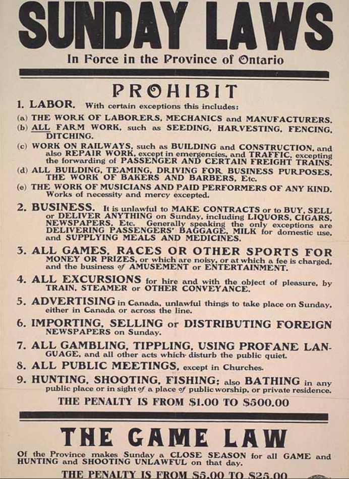 Sunday “Blue Laws” Restricted Work and Play