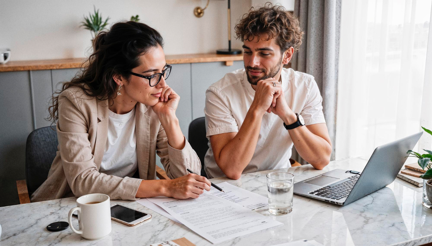 Couple reviewing finances together laptop at table