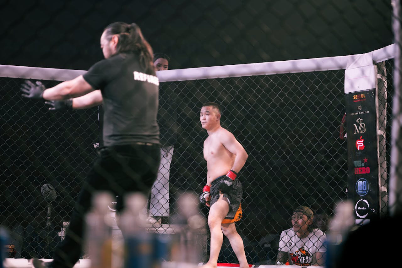 A vintage boxing ring with a visible round bell