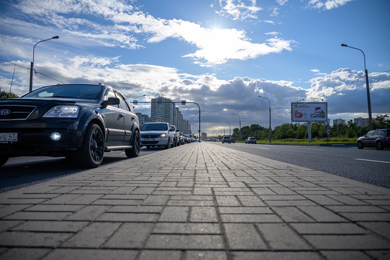 Russia, Saint-Petersburg, Frunzensky district, Kupchino, Dimitrova Street, 23.07.2020: traffic jam on Dimitrova street to the Sofiyskaya street.