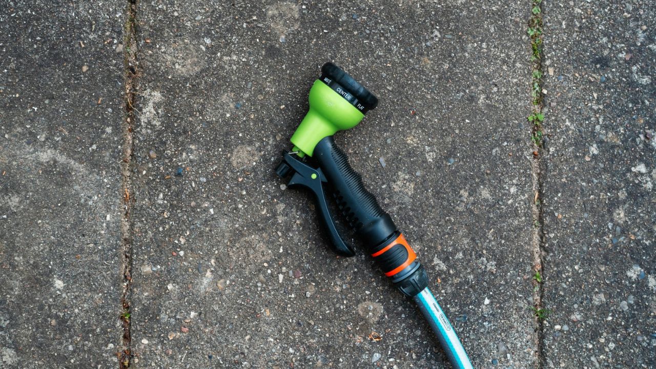 Garden sprayer misting vinegar solution into cracks between pavers