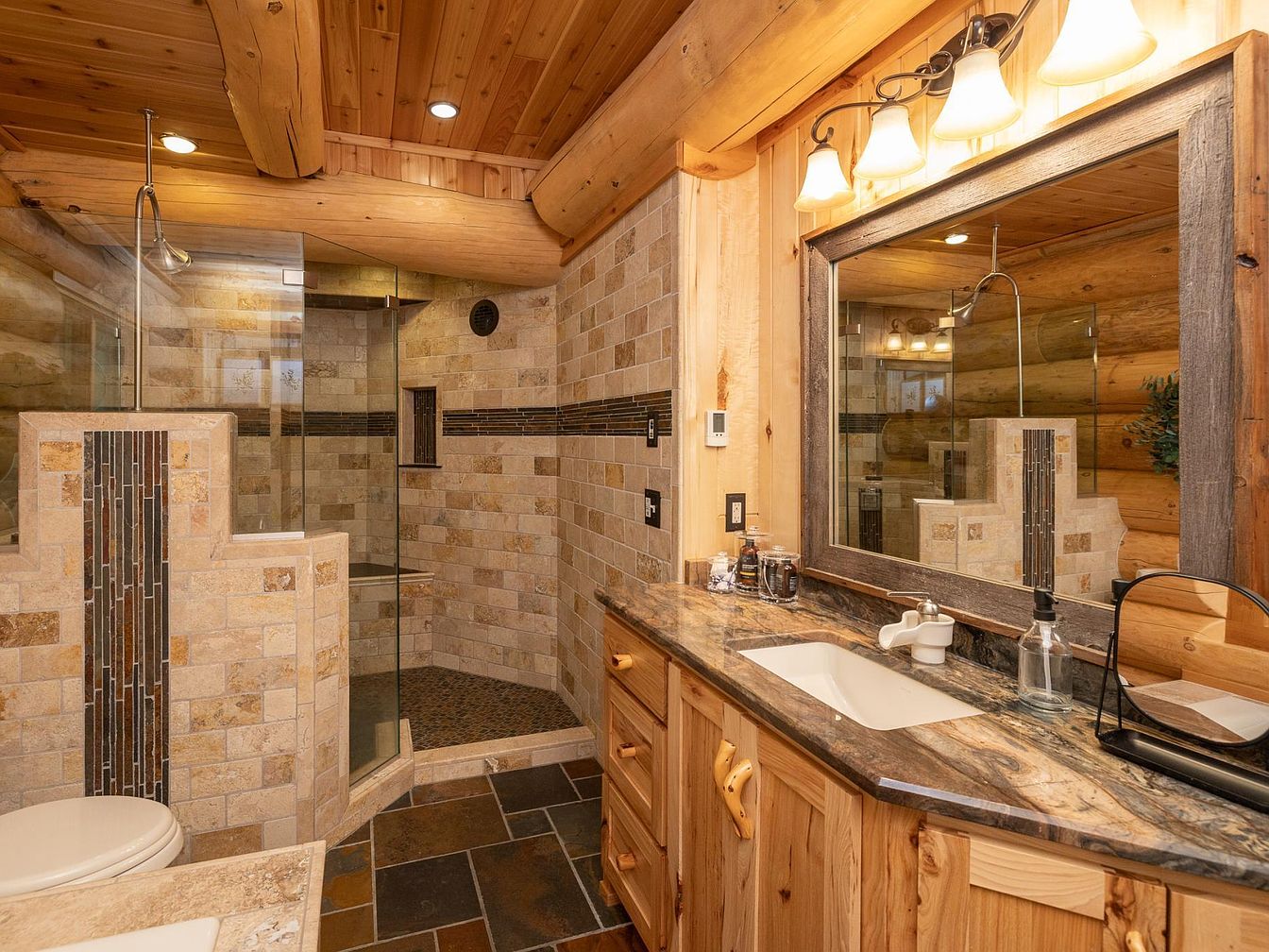 Cozy bathroom retreat with stone accents